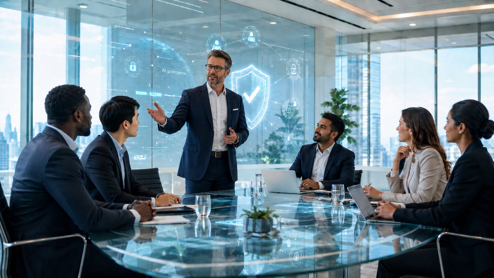AI Visibility Professionals discuss their AI Governance Maturity Model at a meeting.