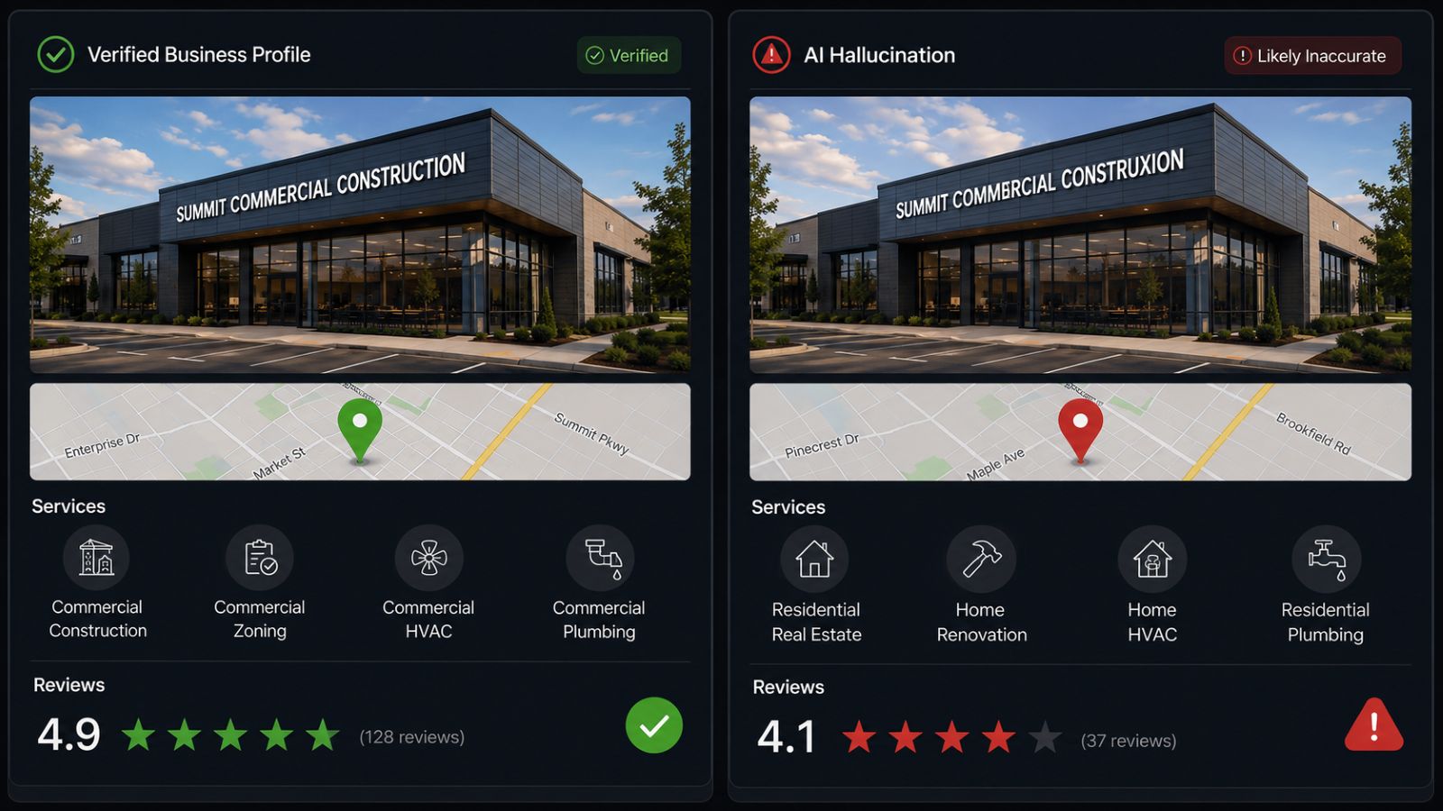 An Image of a Computer Monitor shows the actual business profile on the left and an AI Hallucination on the right