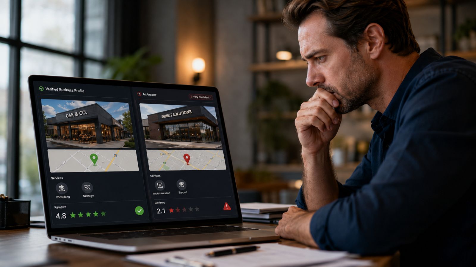 A certified AI Visibility Professional (AVP) sees reality of a business on the left side of his screen and an AI Hallucination on the right side of his screen