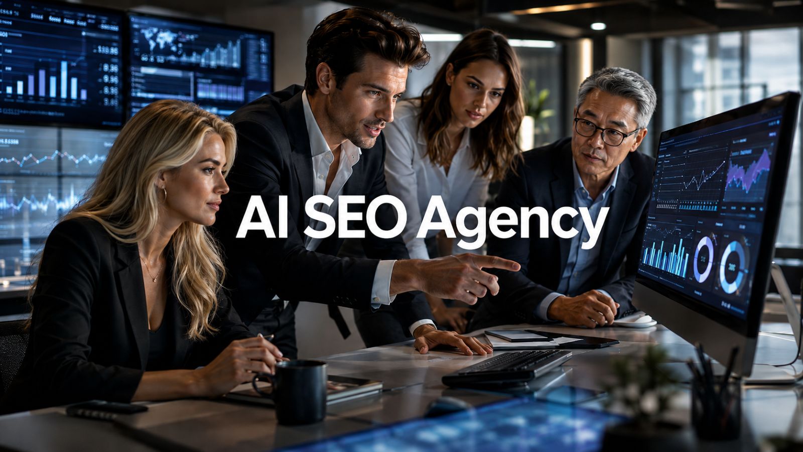 Four Certified AI Visibility Professionals are discussing AI Visibility strategy and AI SEO analytics at a high-end AI SEO Agency