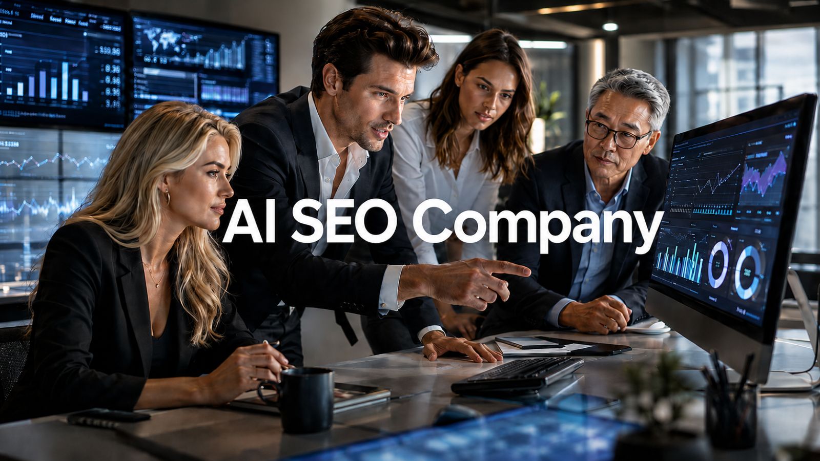 Four Certified AI Visibility Professionals are discussing AI Visibility strategy and AI SEO analytics at a high-end AI SEO Company