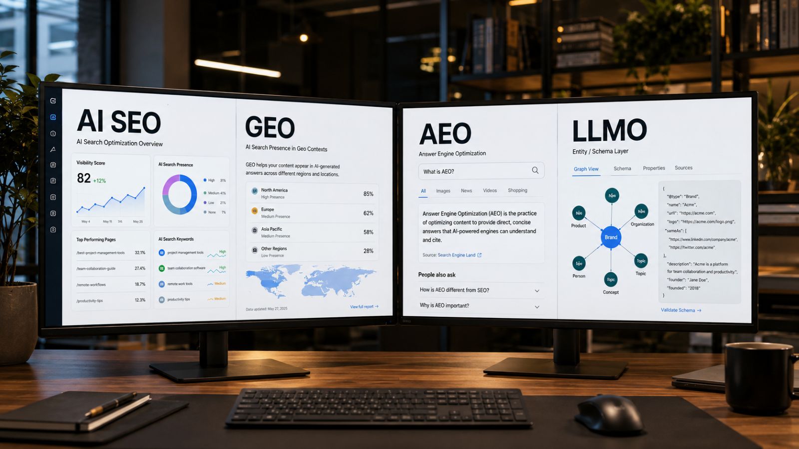 Computer Monitors on a desk which explain AI SEO vs GEO vs AEO vs LLMO with Standard Definitions
