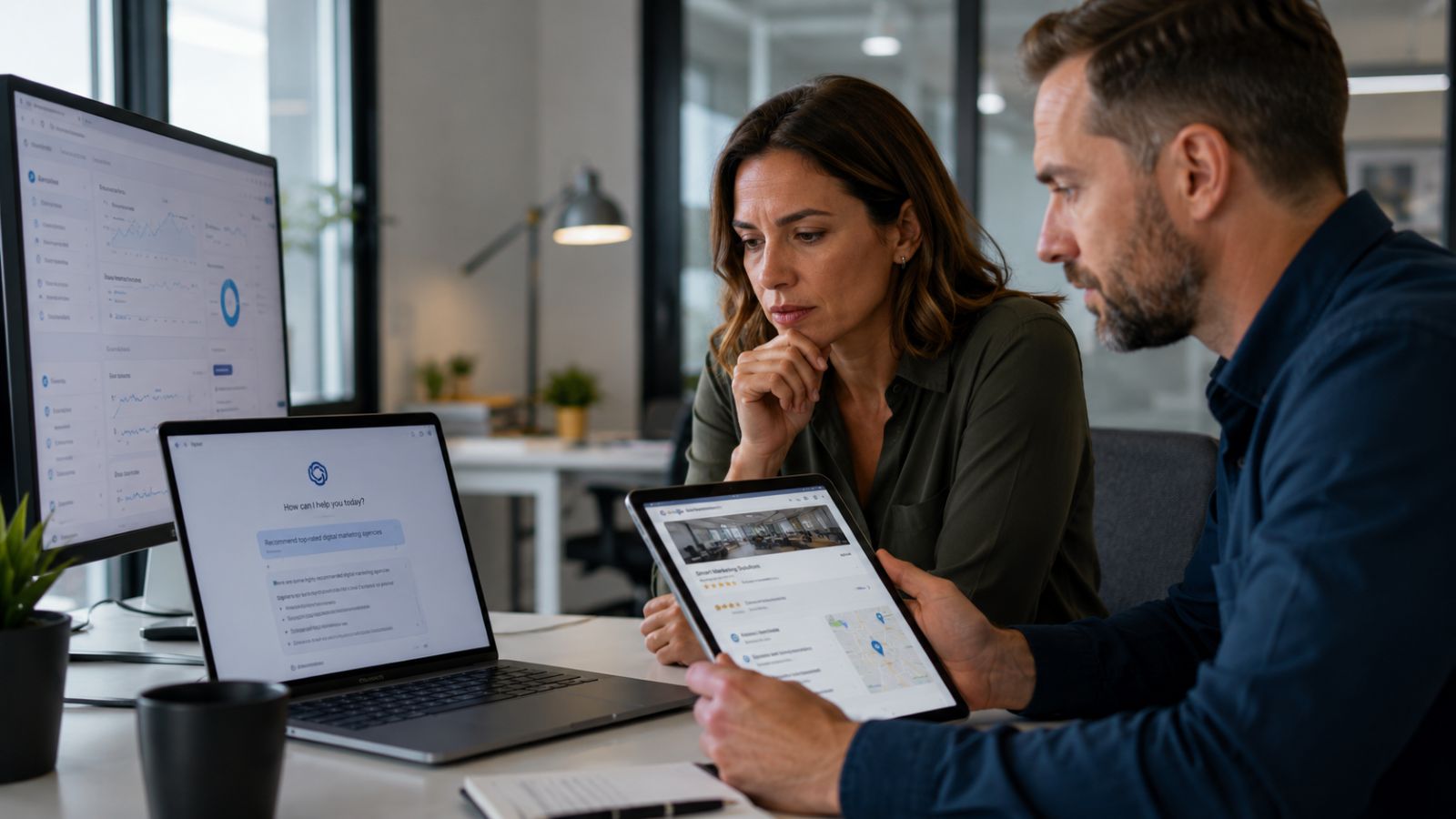 Two certified AI Visibility Professionals (AVPs) are reviewing AI search visibility on a laptop and tablet in a modern office.