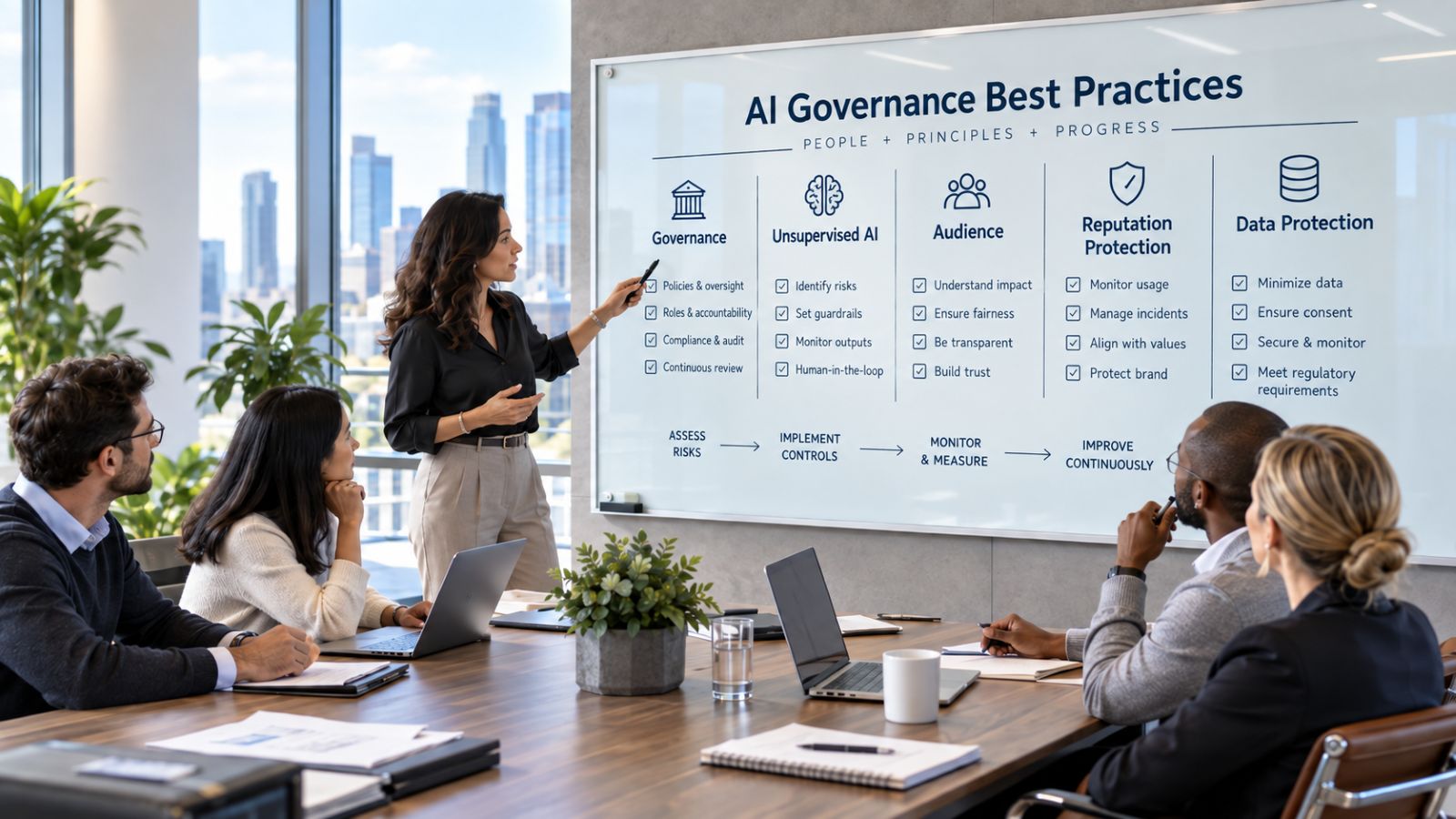 A Certified AI Visibility Professional (AVP) is leading a discussion on a white board about AI Governance Best Practices
