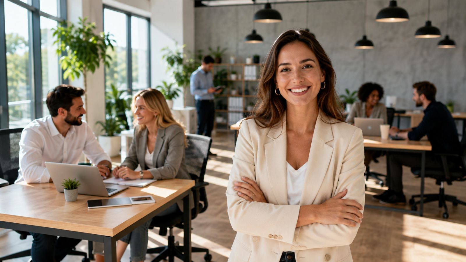 An AI governance specialist standing confidently in a modern office as colleagues discuss AI governance best practices, salaries, roles, and career paths.