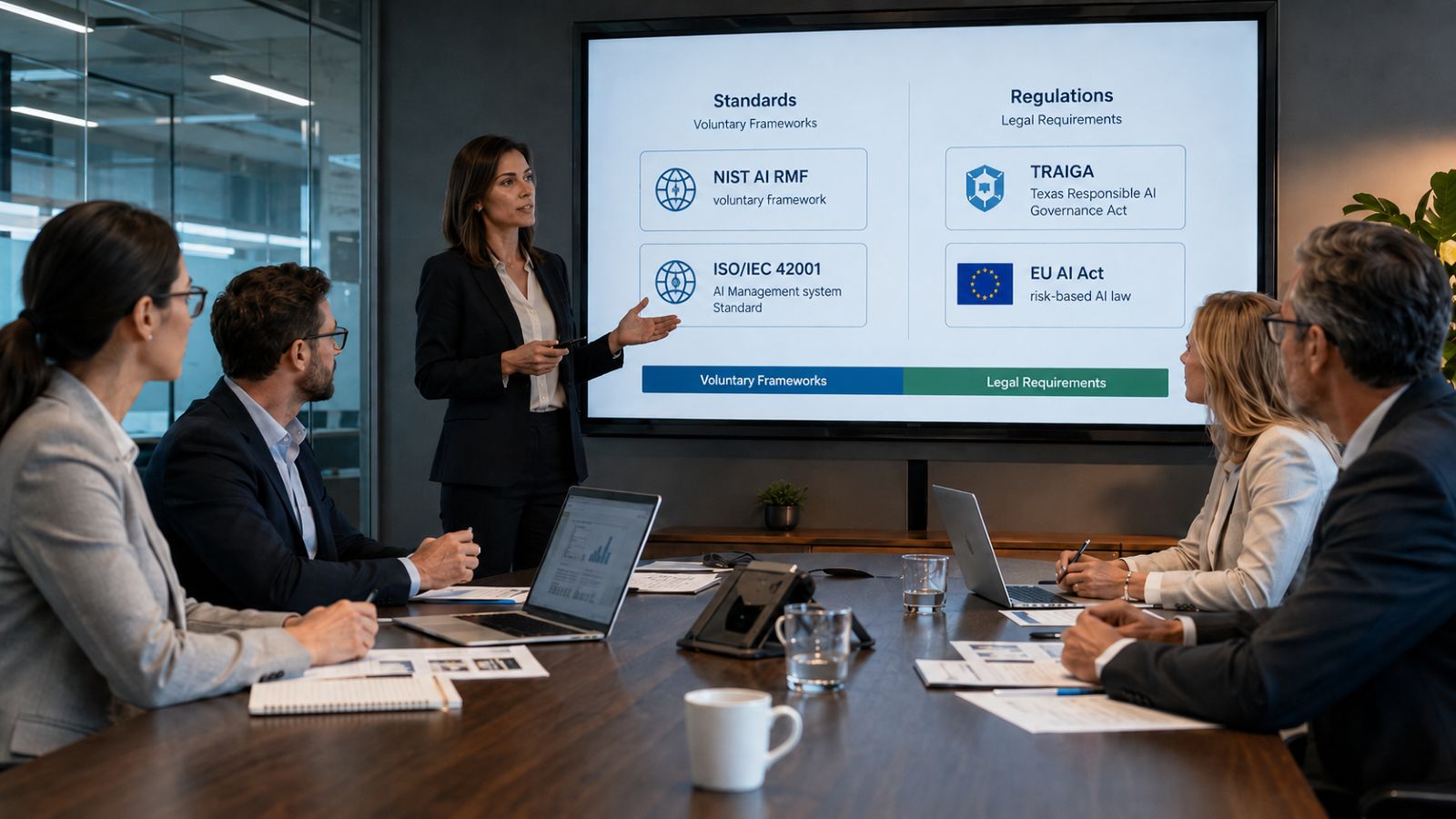 A team of certified AI Visibility Professionals are discussing AI Governance Standards