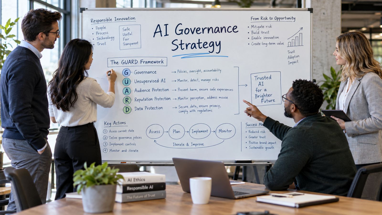 Four certified AI Visibility Professionals are in the office at a white board discussing an AI Governance Strategy